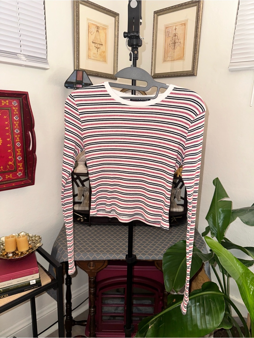 Brandy Melville Striped Long-Sleeve Top in White, red, and  navy